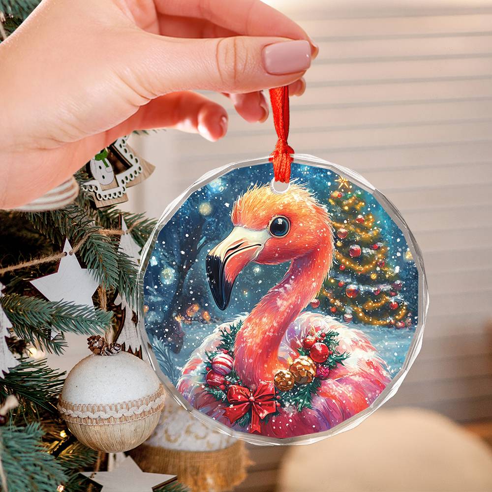 Beautiful Flamingo Christmas Night Design 2 Glass Ornament