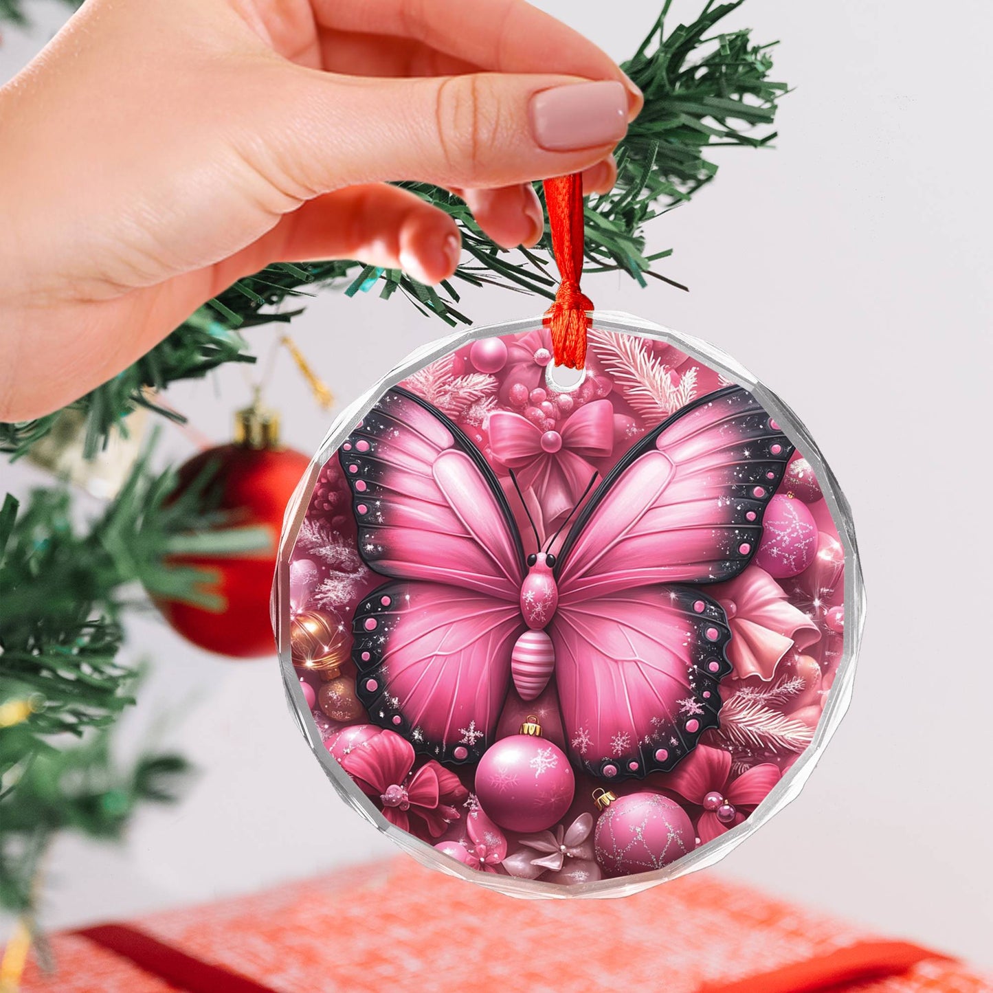 Butterfly Pink Christmas Design 1 Glass Ornament