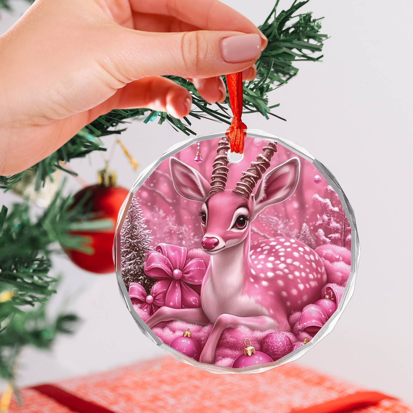 Antelope Pink Christmas Design 2 Glass Ornament