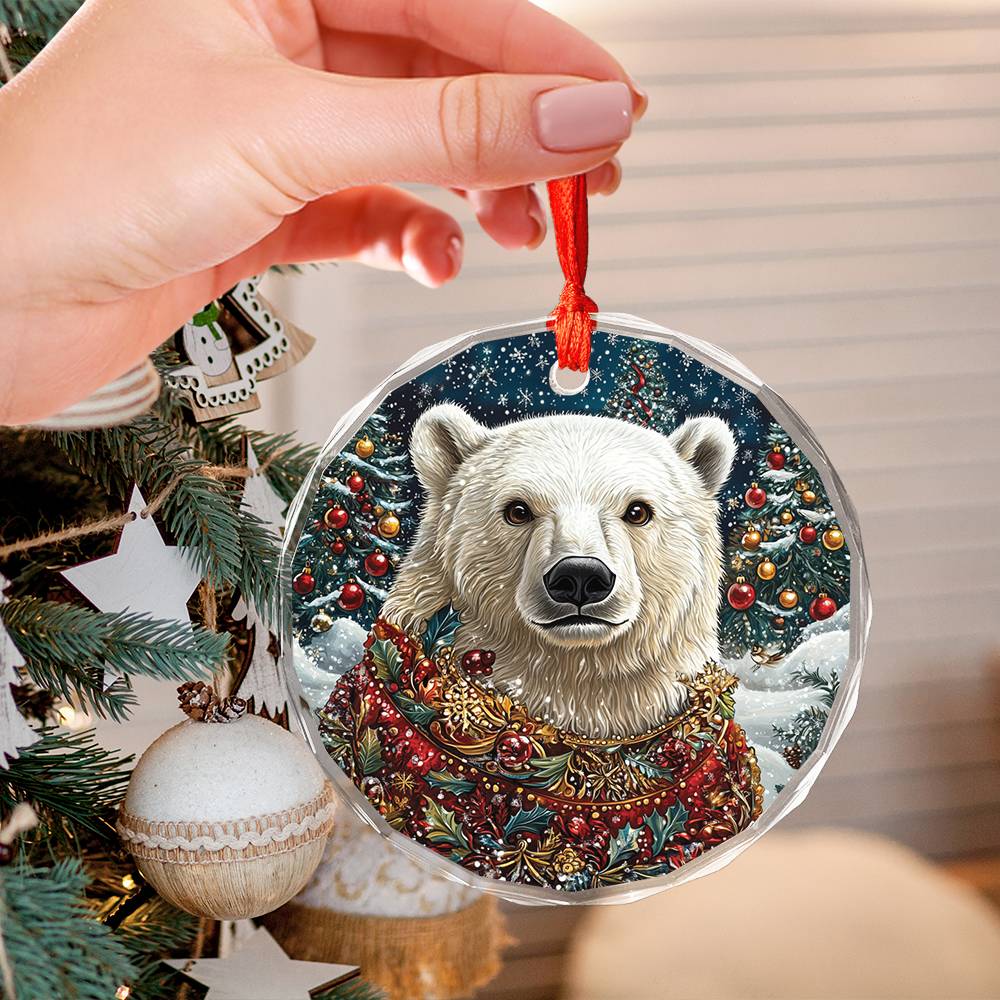 Beautiful Angus Polar Bear Christmas Night Design 3 Glass Ornament