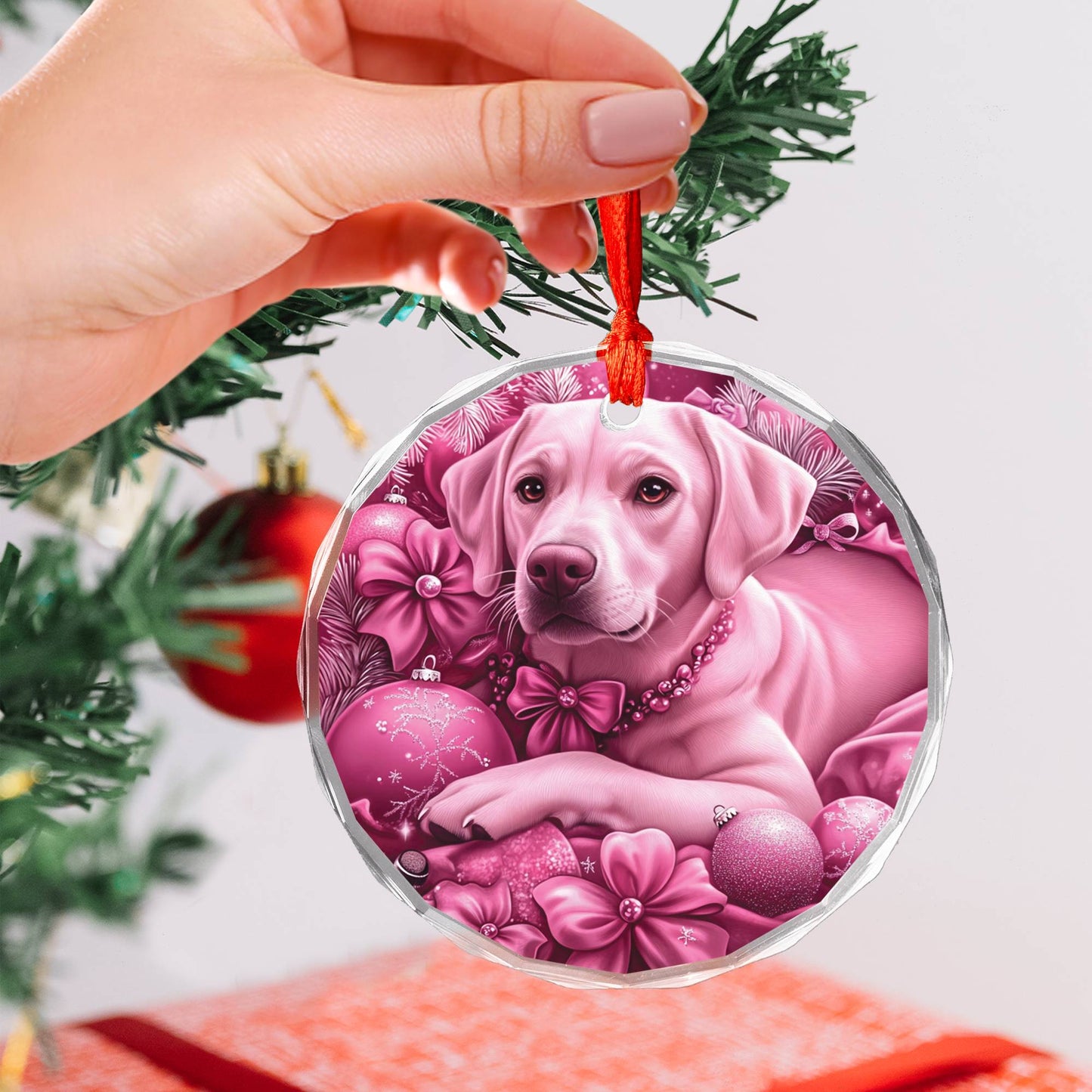 Labrador Retriever Dog Pink Christmas Design 2 Glass Ornament