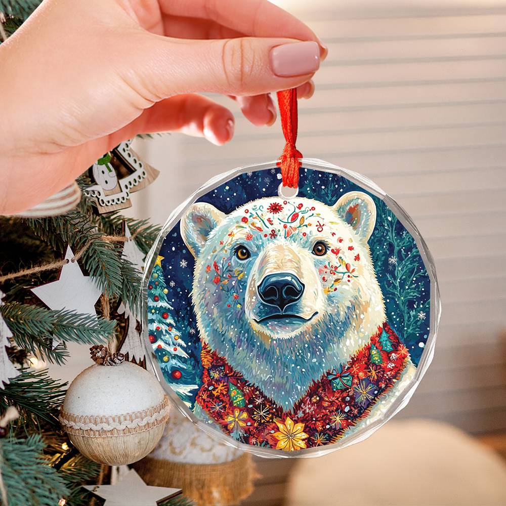 Beautiful Angus Polar Bear Christmas Night Design 1 Glass Ornament