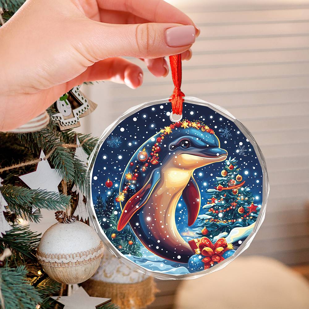 Beautiful Angus Dolphin Christmas Night Design 3 Glass Ornament