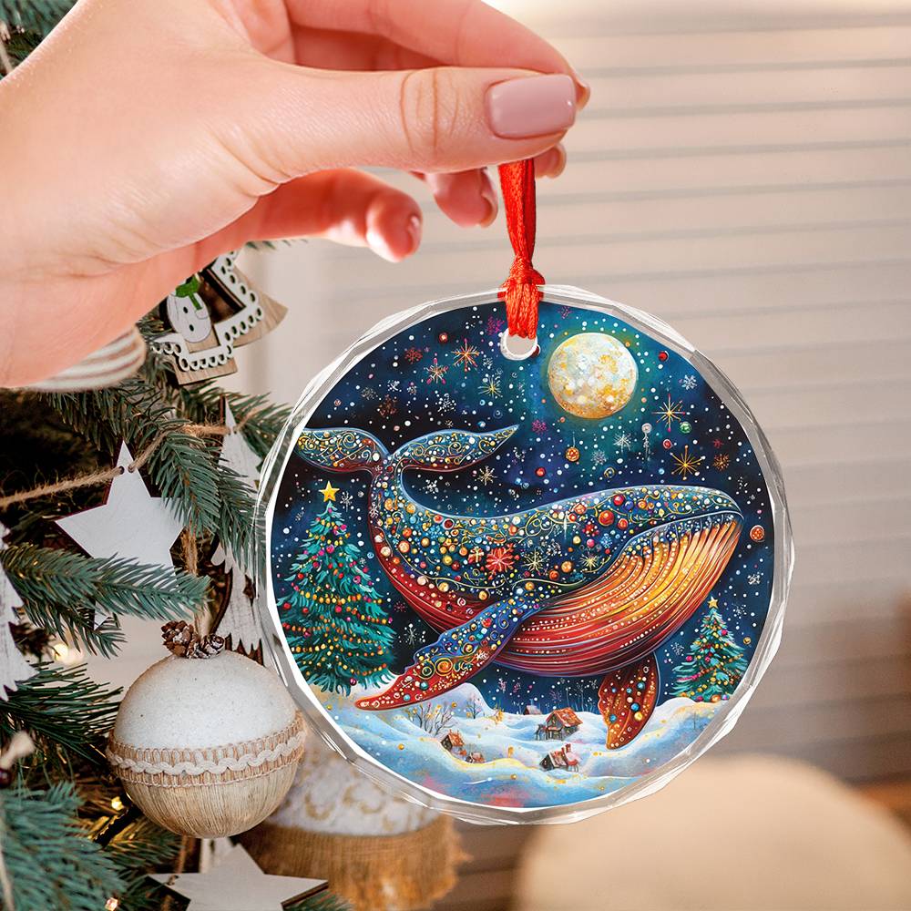 Beautiful Angus Whale Christmas Night Design 1 Glass Ornament