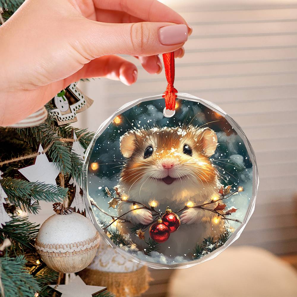 Beautiful Hamster Christmas Night Design 4 Glass Ornament