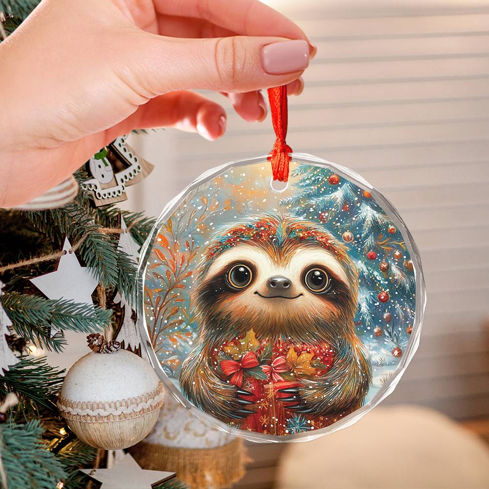Beautiful Angus Sloth Christmas Night Design 4 Glass Ornament