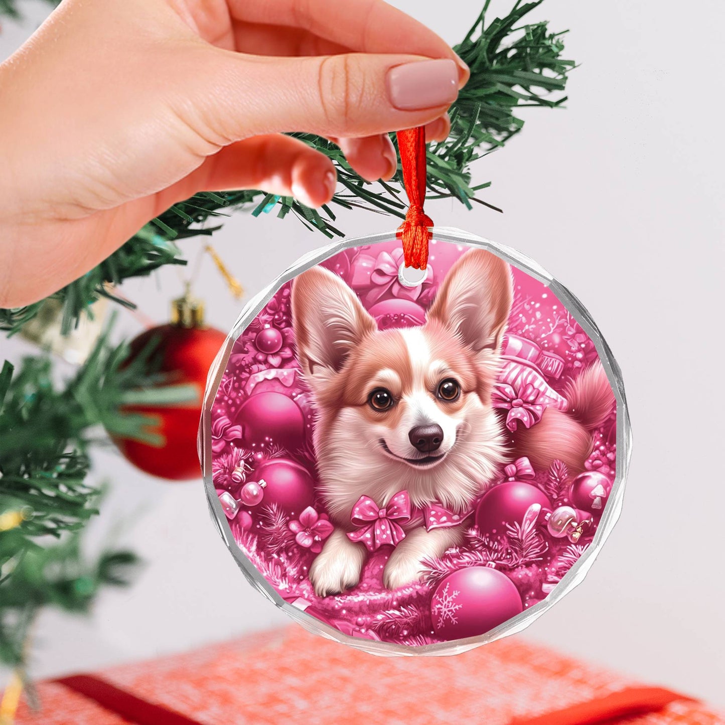 Pembroke Welsh Corgi Dog Pink Christmas Design 1 Glass Ornament