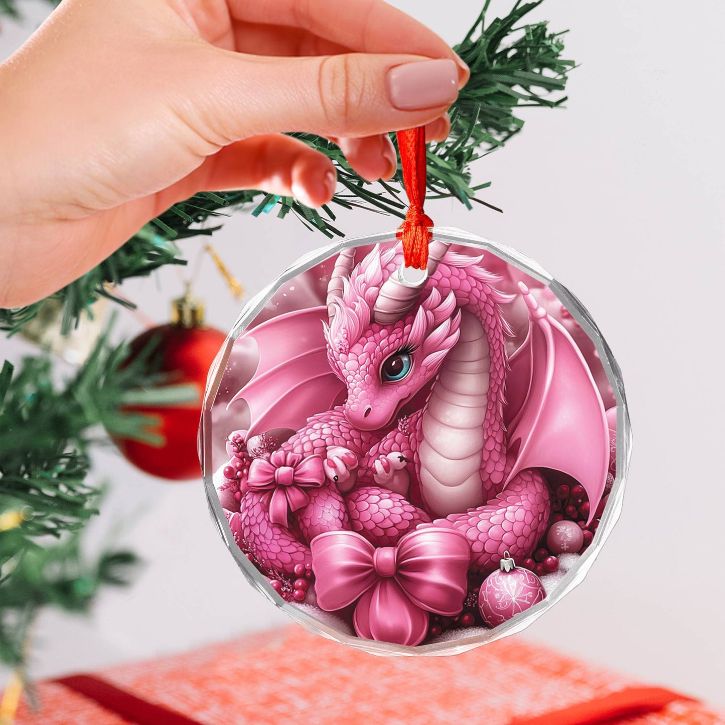 Dragon Pink Christmas Design 1 Glass Ornament