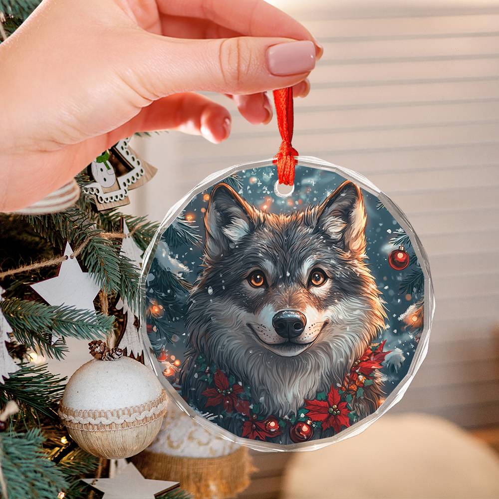 Beautiful Angus Wolf Christmas Night Design 1 Glass Ornament