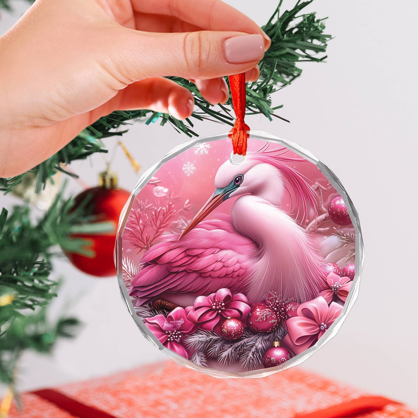 Heron Pink Christmas Design 3 Glass Ornament