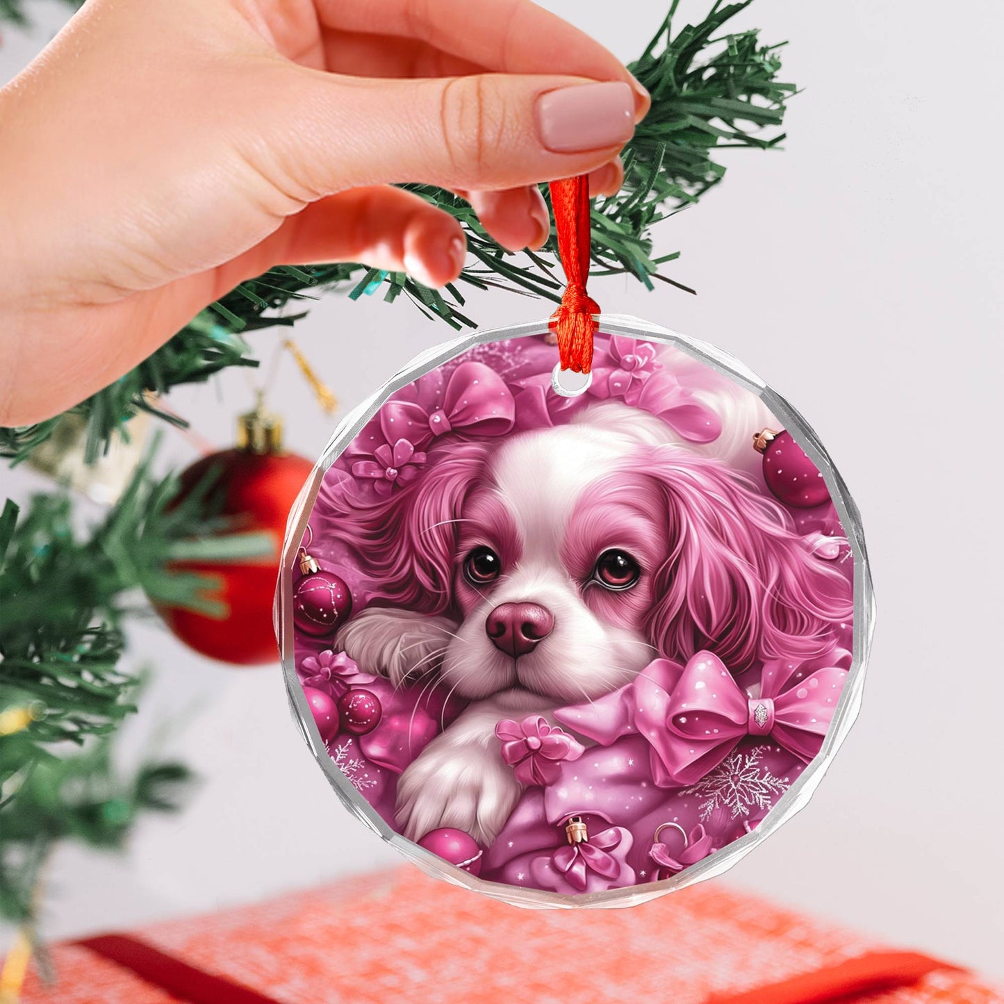 Cavalier King Charles Spaniel Dog Pink Christmas Design 1 Glass Ornament