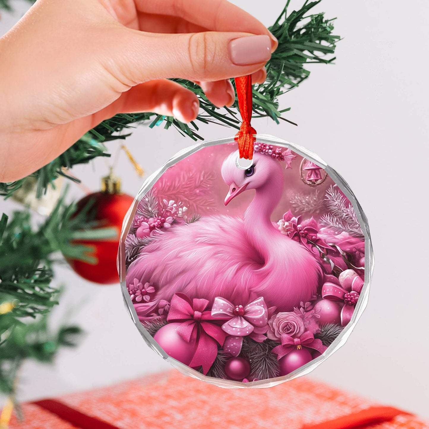 Ostrich Pink Christmas Design 2 Glass Ornament
