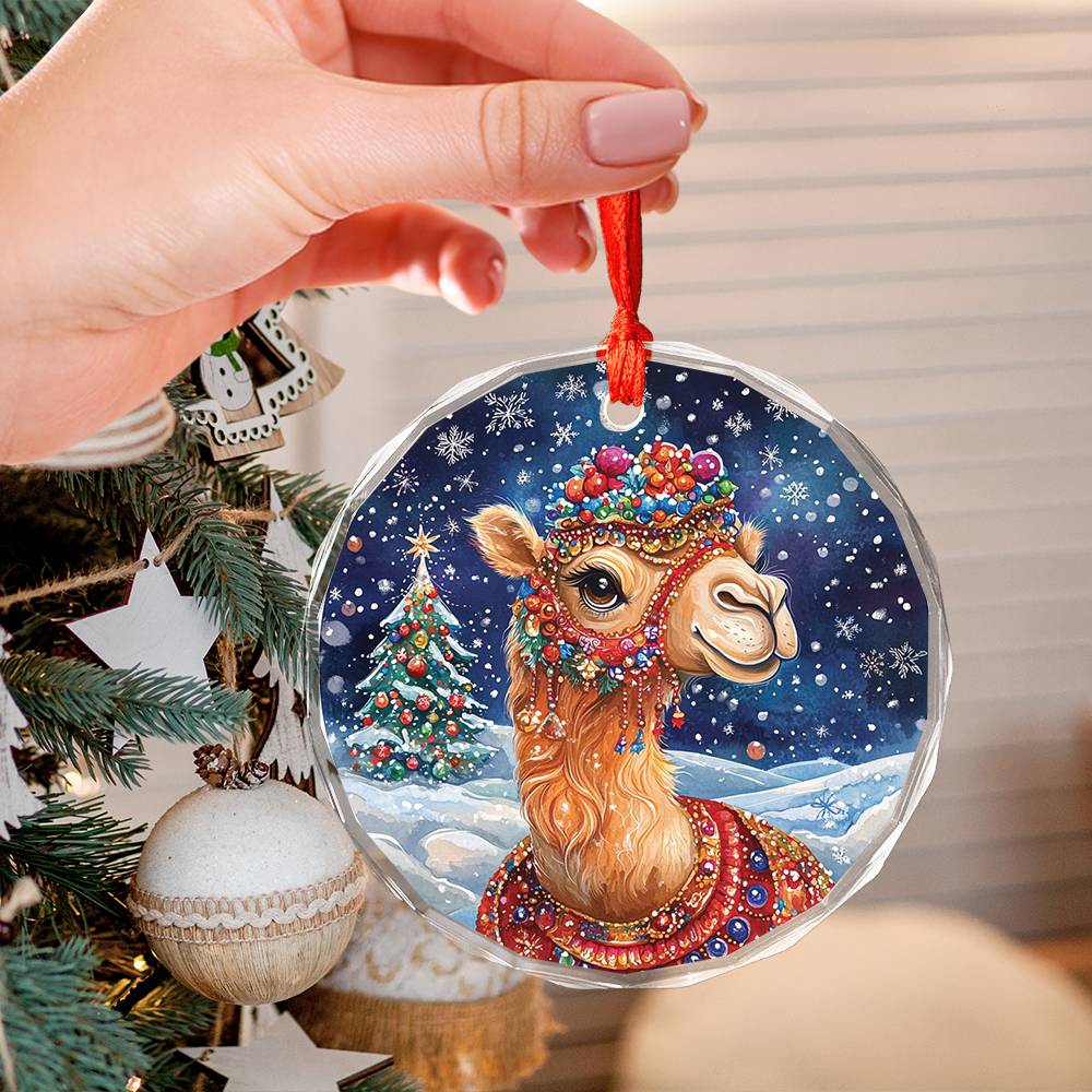 Beautiful Camel Christmas Night Design 4 Glass Ornament