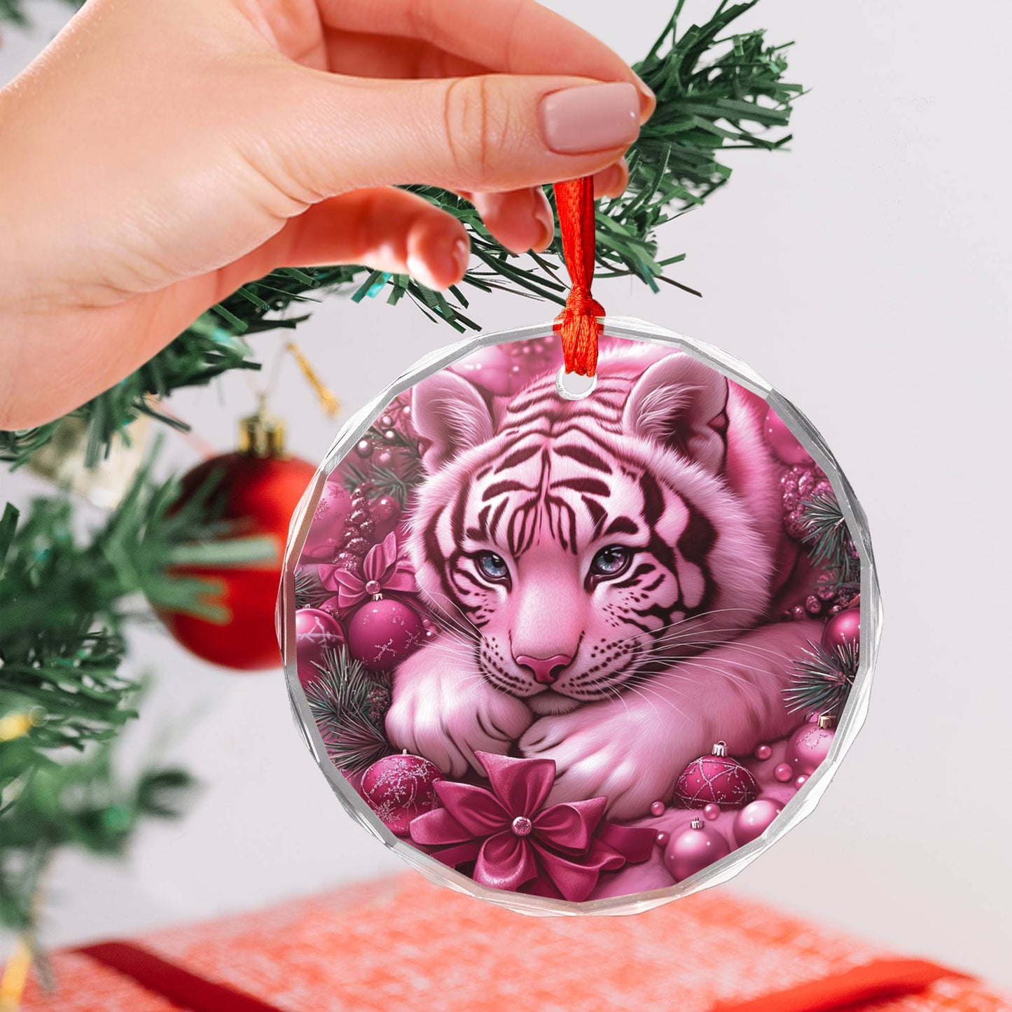 Tiger Pink Christmas Design 4 Glass Ornament