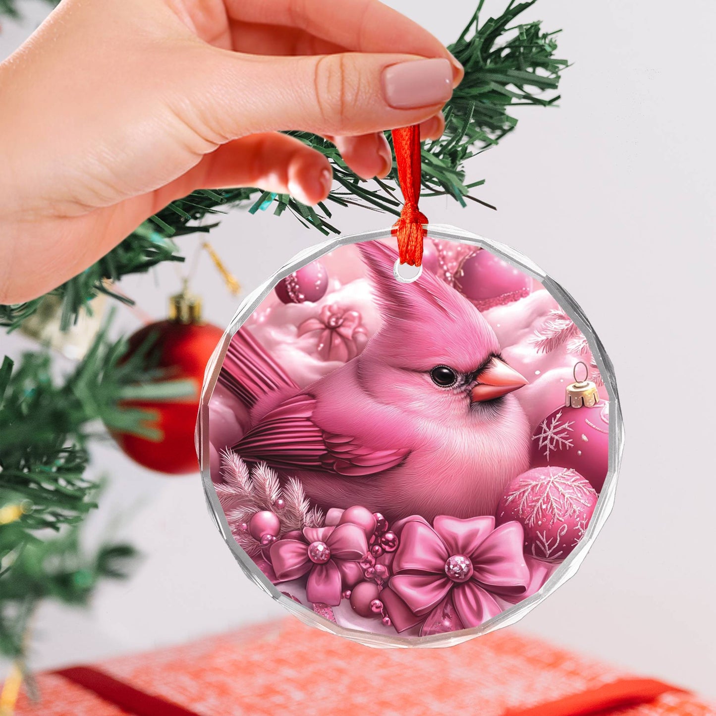 Cardinal Pink Christmas Design 2 Glass Ornament