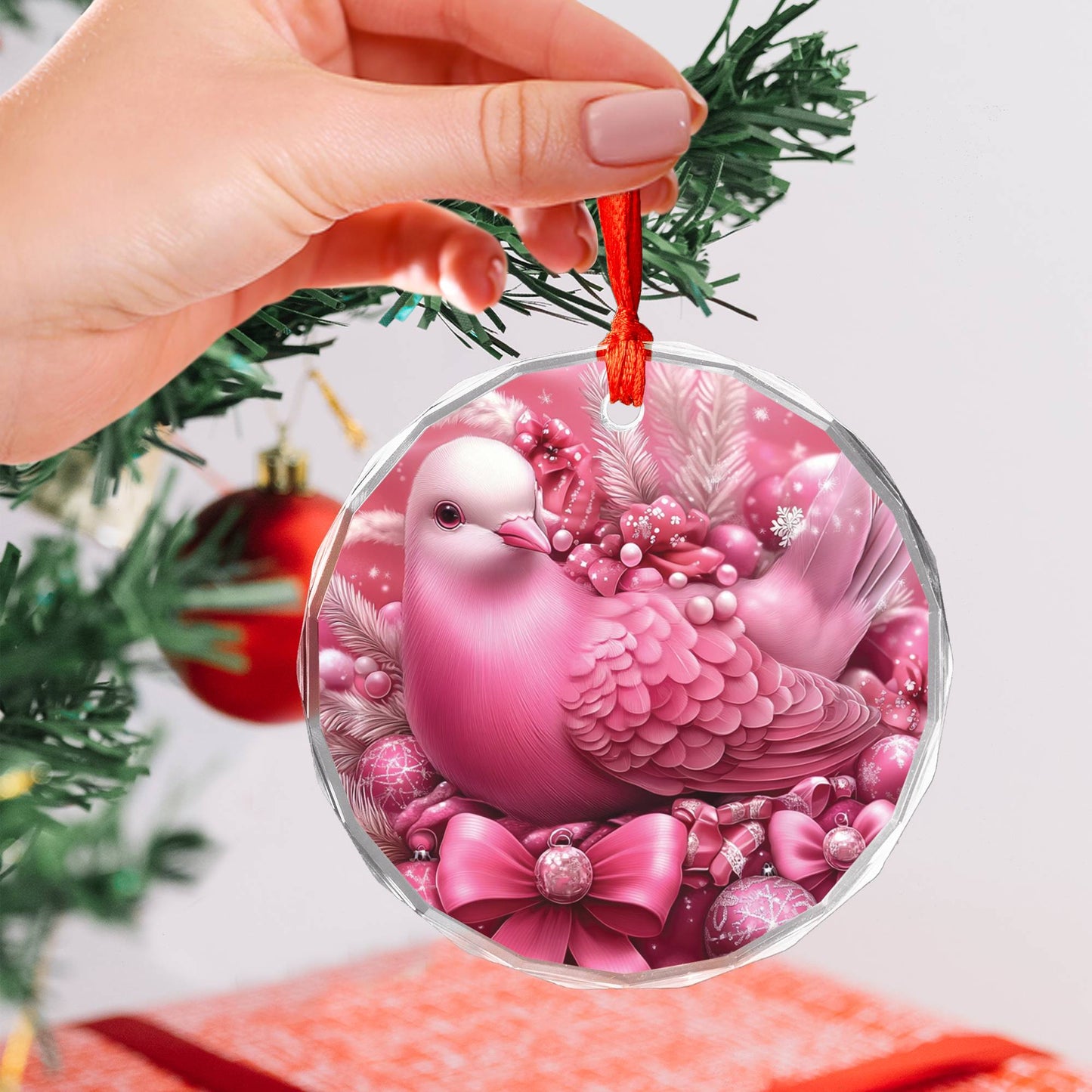 Pigeon Pink Christmas Design 2 Glass Ornament