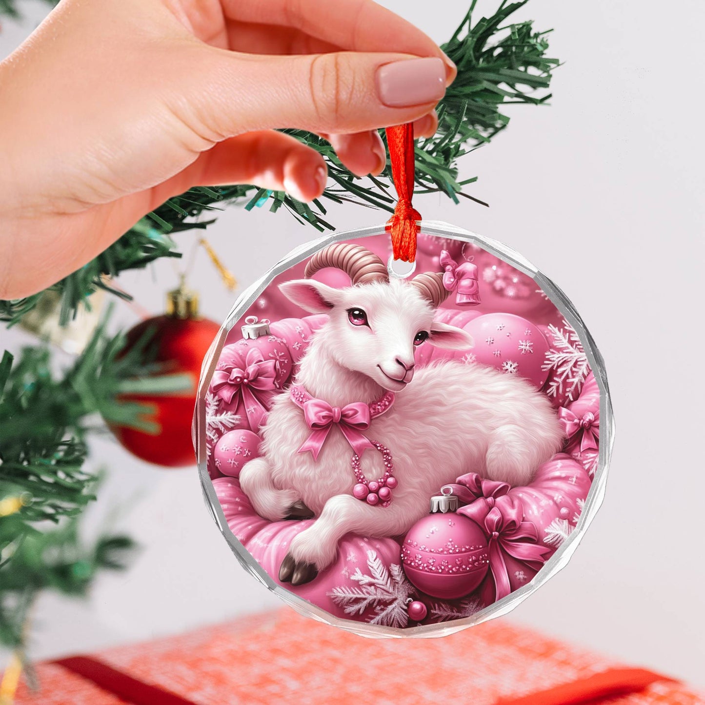 Sheep Pink Christmas Design 2 Glass Ornament