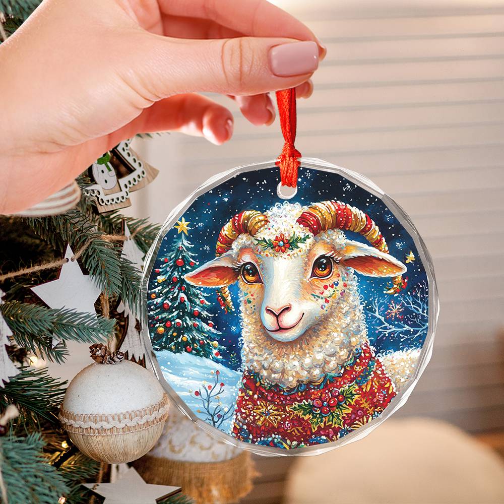 Beautiful Sheep Christmas Night Design 2 Glass Ornament