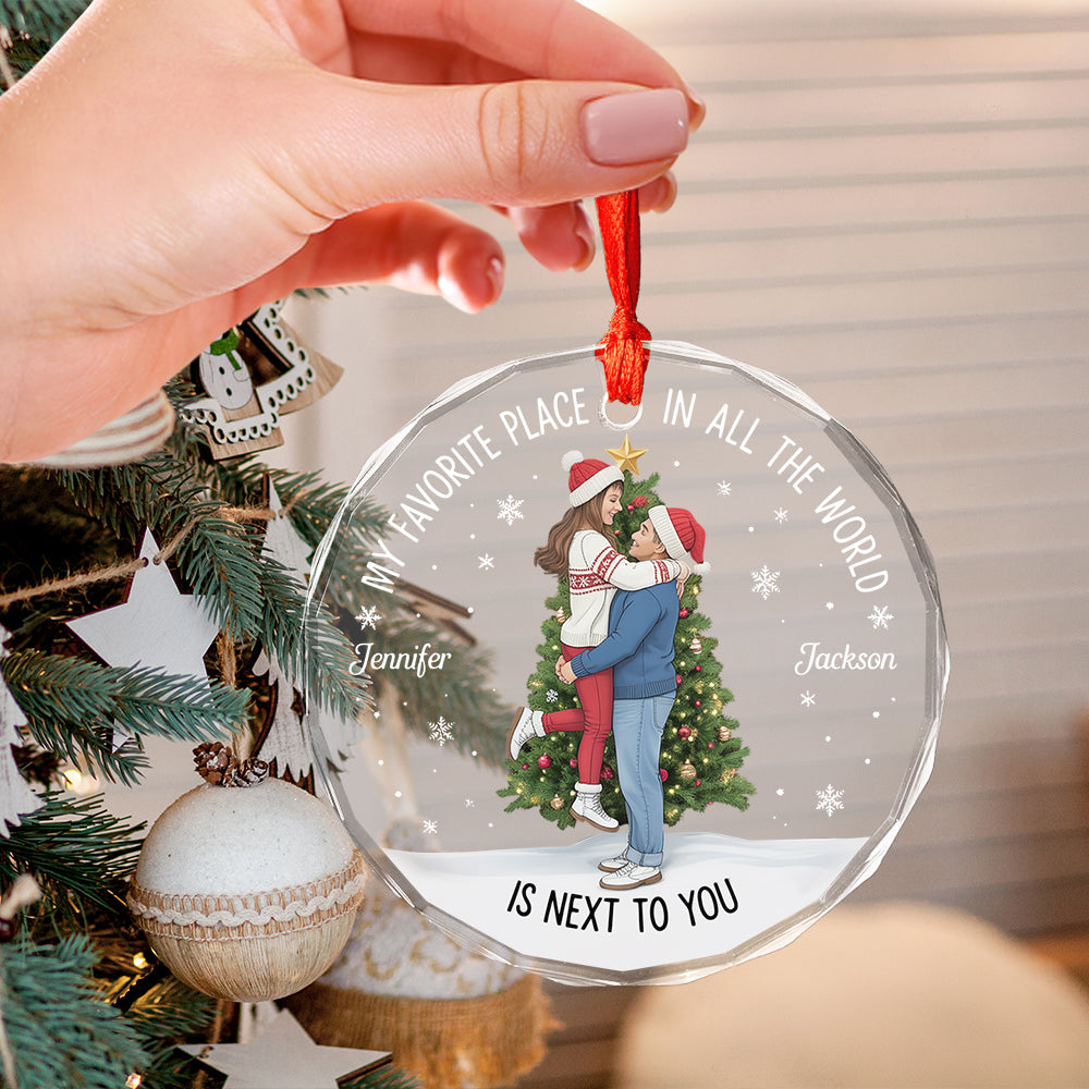 Christmas Couple Kissing My Favorite Place In All The World - Personalized Circle Glass Ornament 2