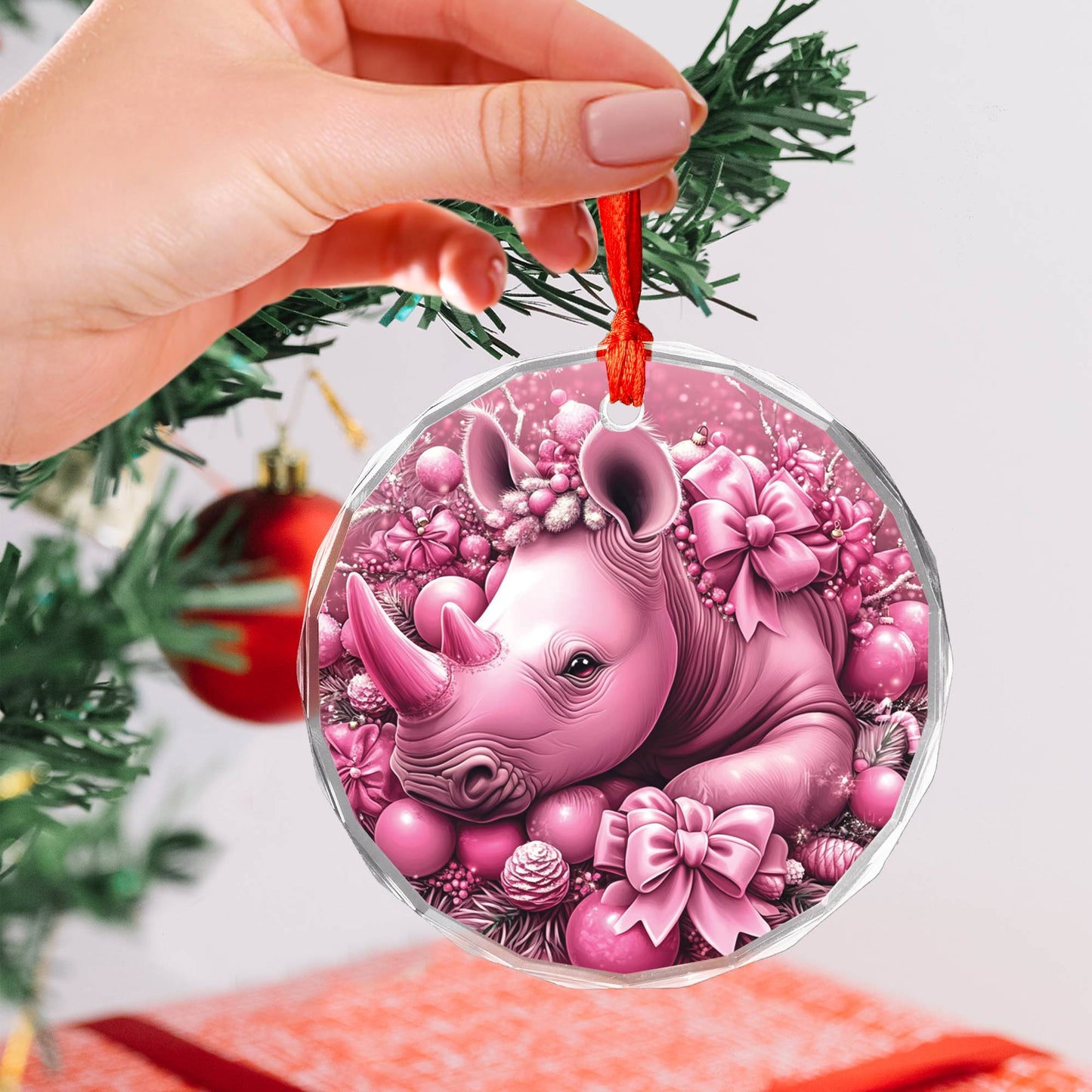 Rhino Pink Christmas Design 2 Glass Ornament