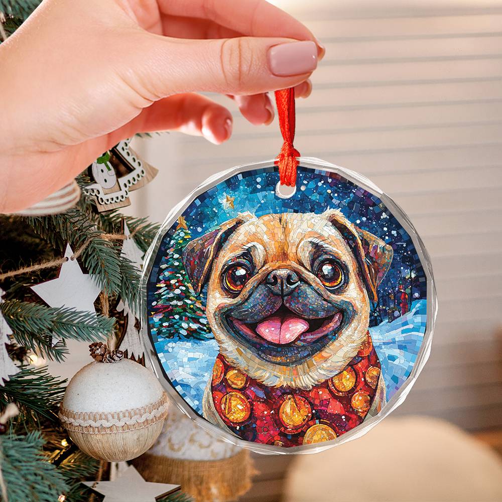 Beautiful Pug Dog Christmas Night Design 1 Glass Ornament