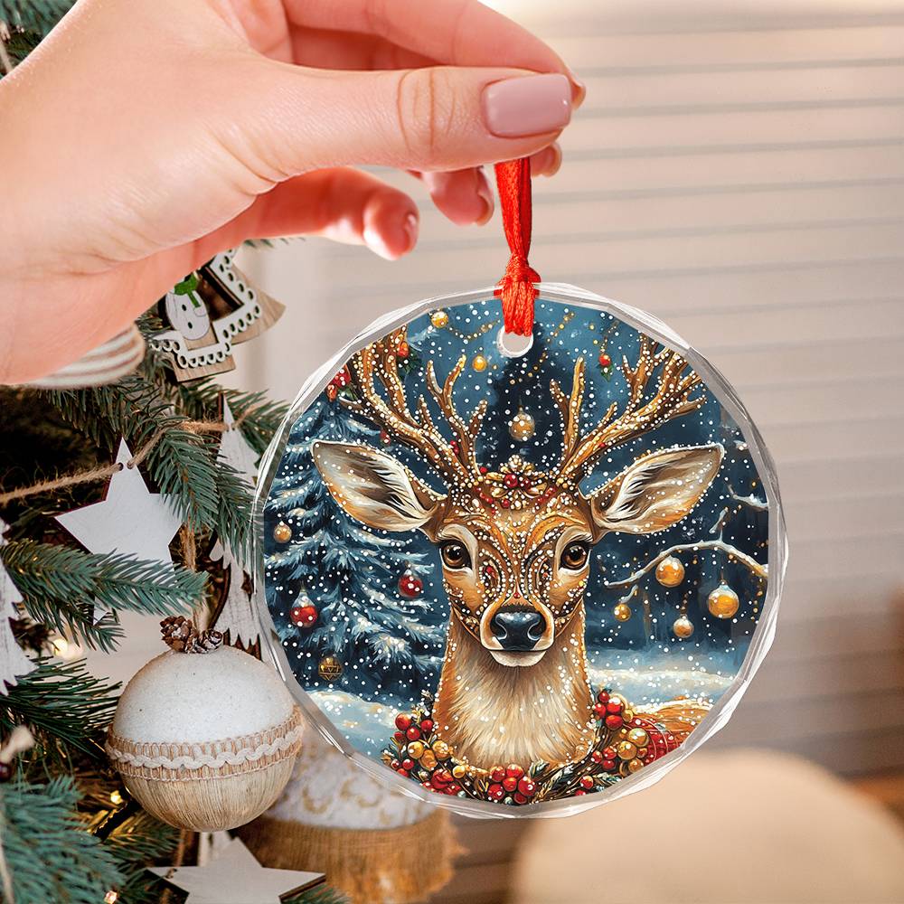 Beautiful Angus Deer Christmas Night Design 2 Glass Ornament