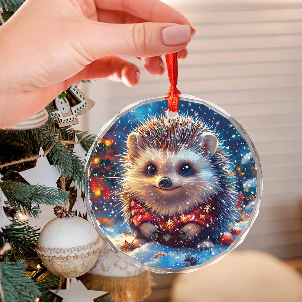 Beautiful Angus Hedgehog Christmas Night Design 1 Glass Ornament