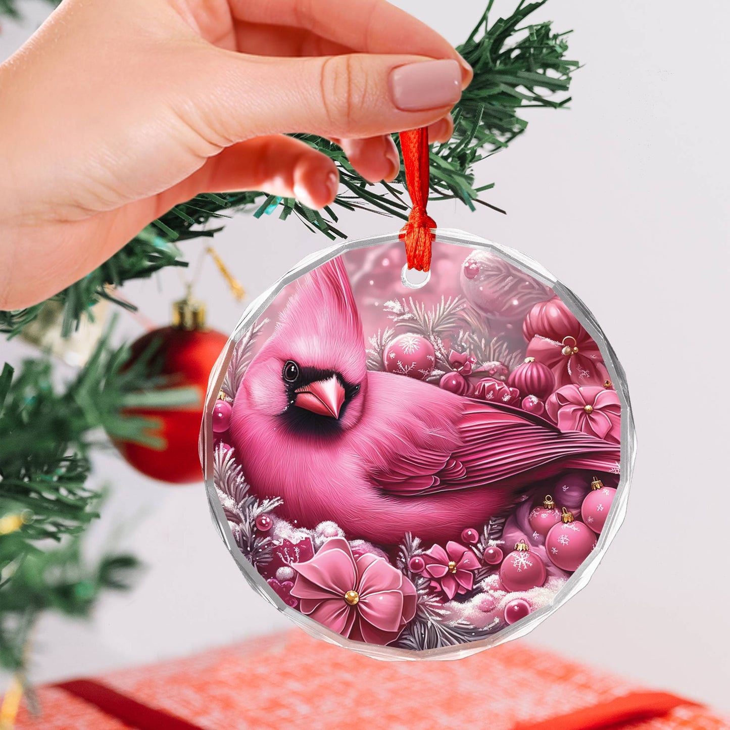 Cardinal Pink Christmas Design 3 Glass Ornament