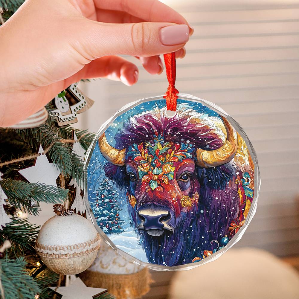 Beautiful Bison Christmas Night Design 4 Glass Ornament