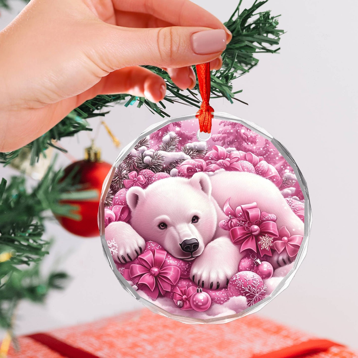 Pola Bear Pink Christmas Design 2 Glass Ornament