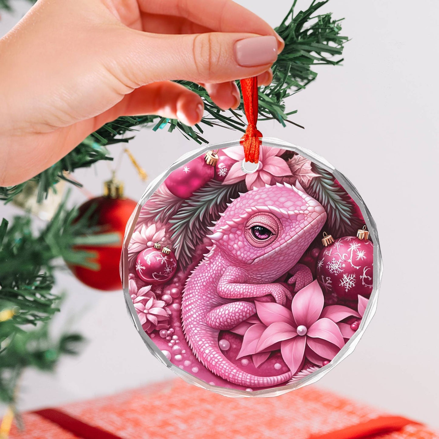 Chameleon Pink Christmas Design 3 Glass Ornament