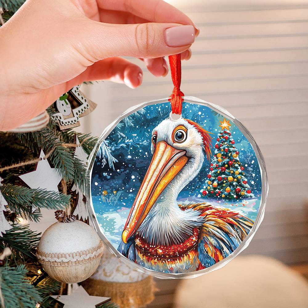Beautiful Pelican Christmas Night Design 1 Glass Ornament