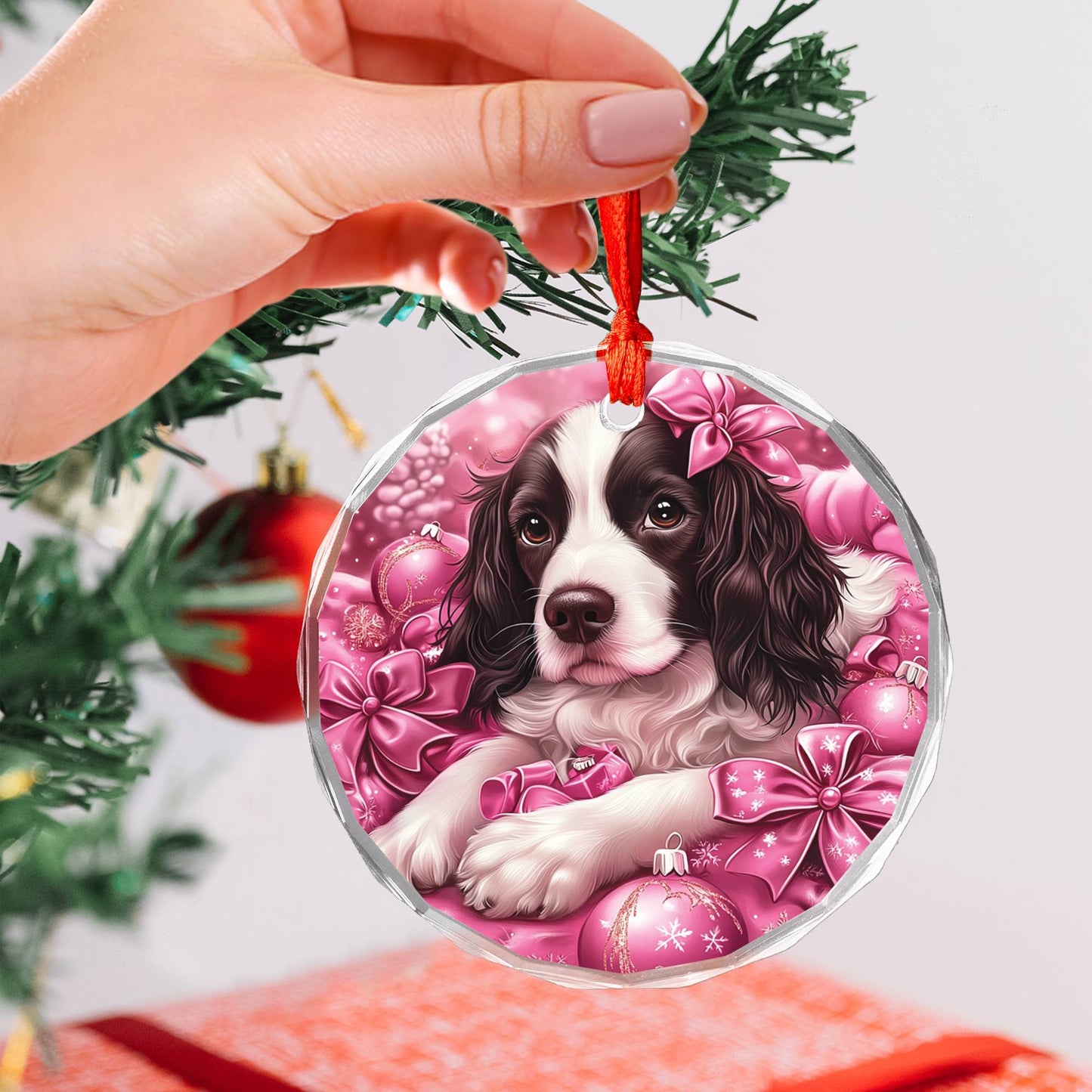 English Springer Spaniel Dog Pink Christmas Design 2 Glass Ornament