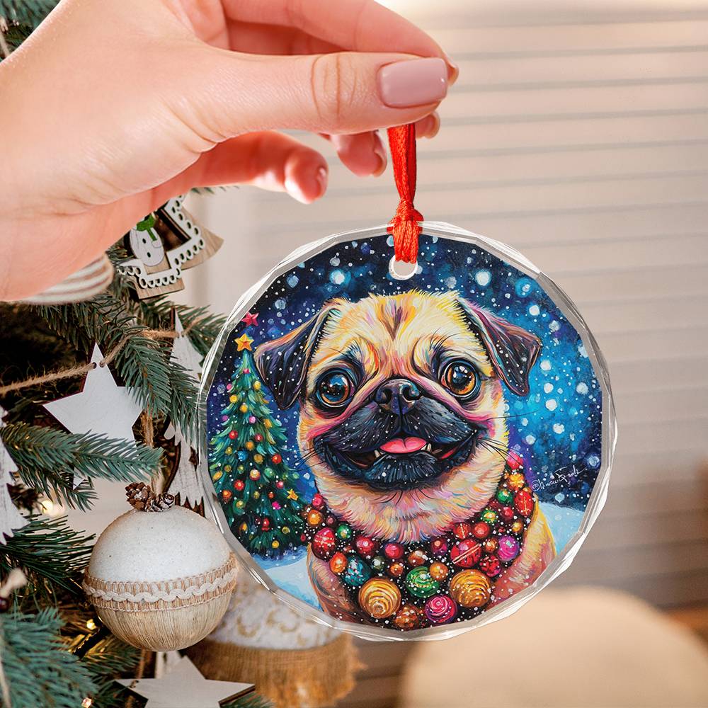 Beautiful Pug Dog Christmas Night Design 3 Glass Ornament