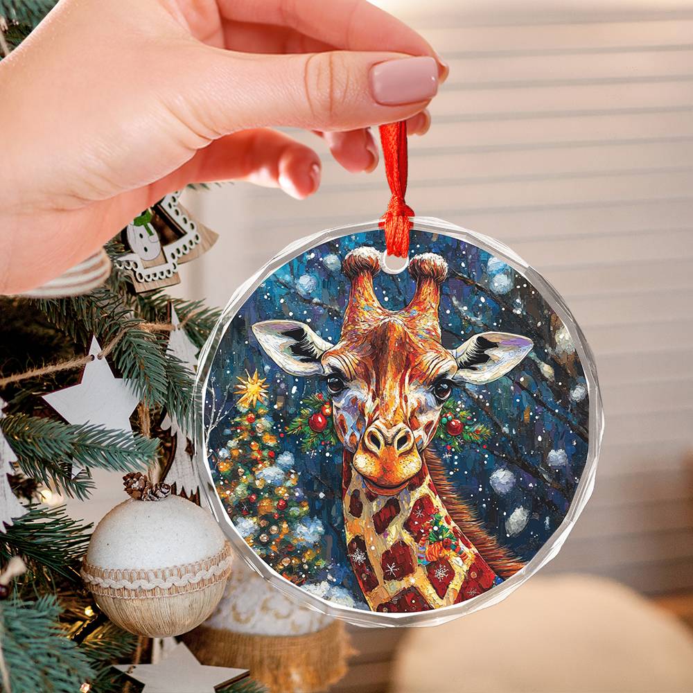 Beautiful Giraffe Christmas Night Design 3 Glass Ornament