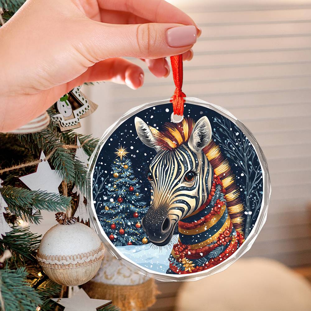 Beautiful Zebra Christmas Night Design 2 Glass Ornament