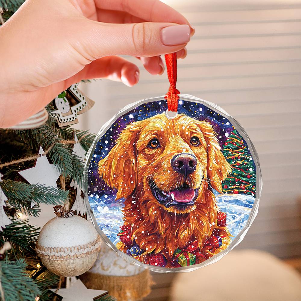 Beautiful Golden Retriever Dog Christmas Night Design 4 Glass Ornament