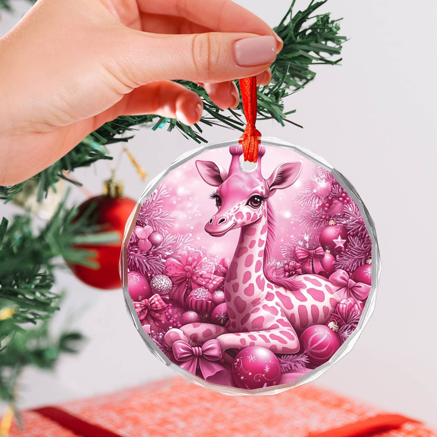 Giraffe Pink Christmas Design 3 Glass Ornament