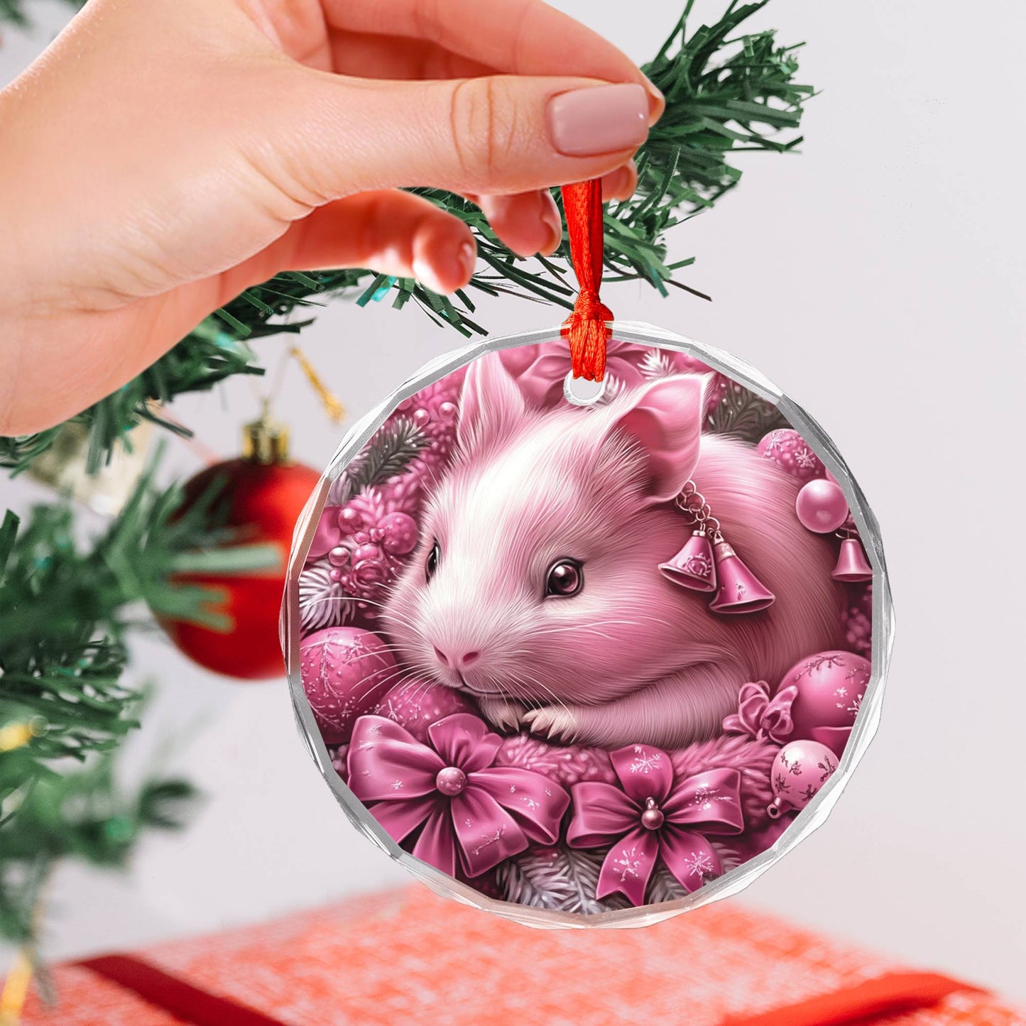 Guinea Pig Pink Christmas Design 4 Glass Ornament