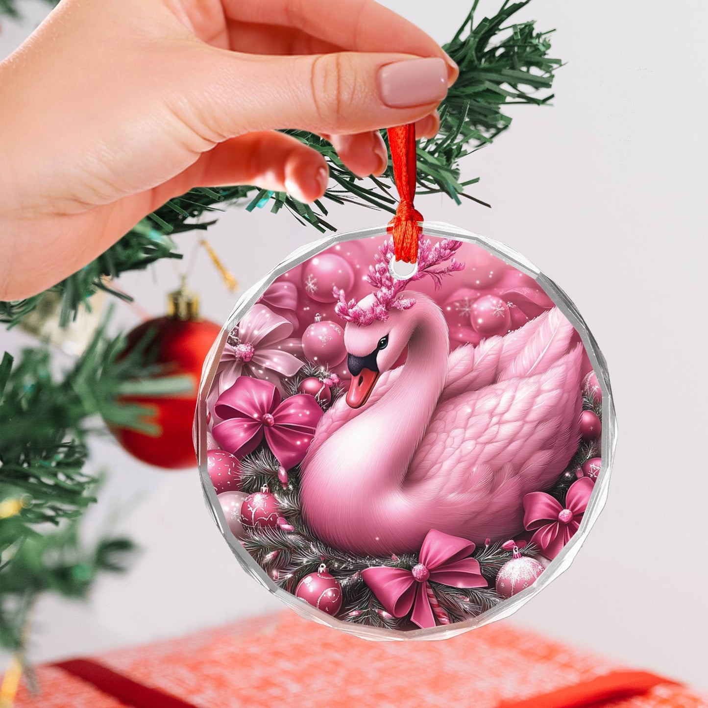 Swan Pink Christmas Design 4 Glass Ornament