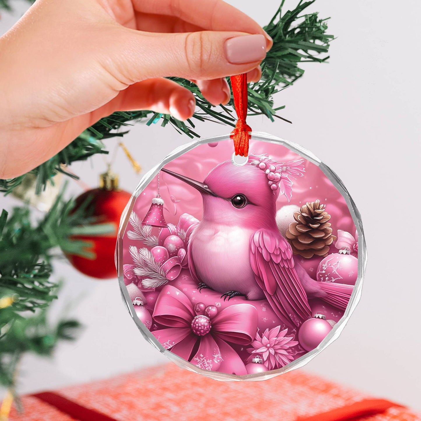 Hummingbird Pink Christmas Design 2 Glass Ornament
