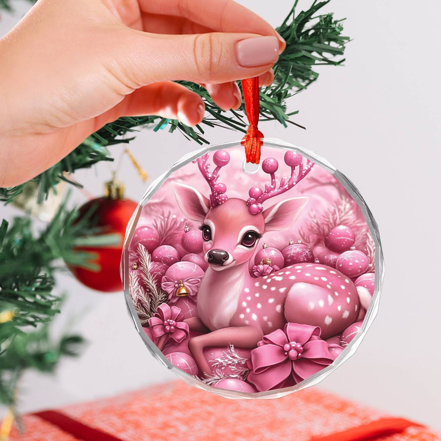 Deer Pink Christmas Design 1 Glass Ornament