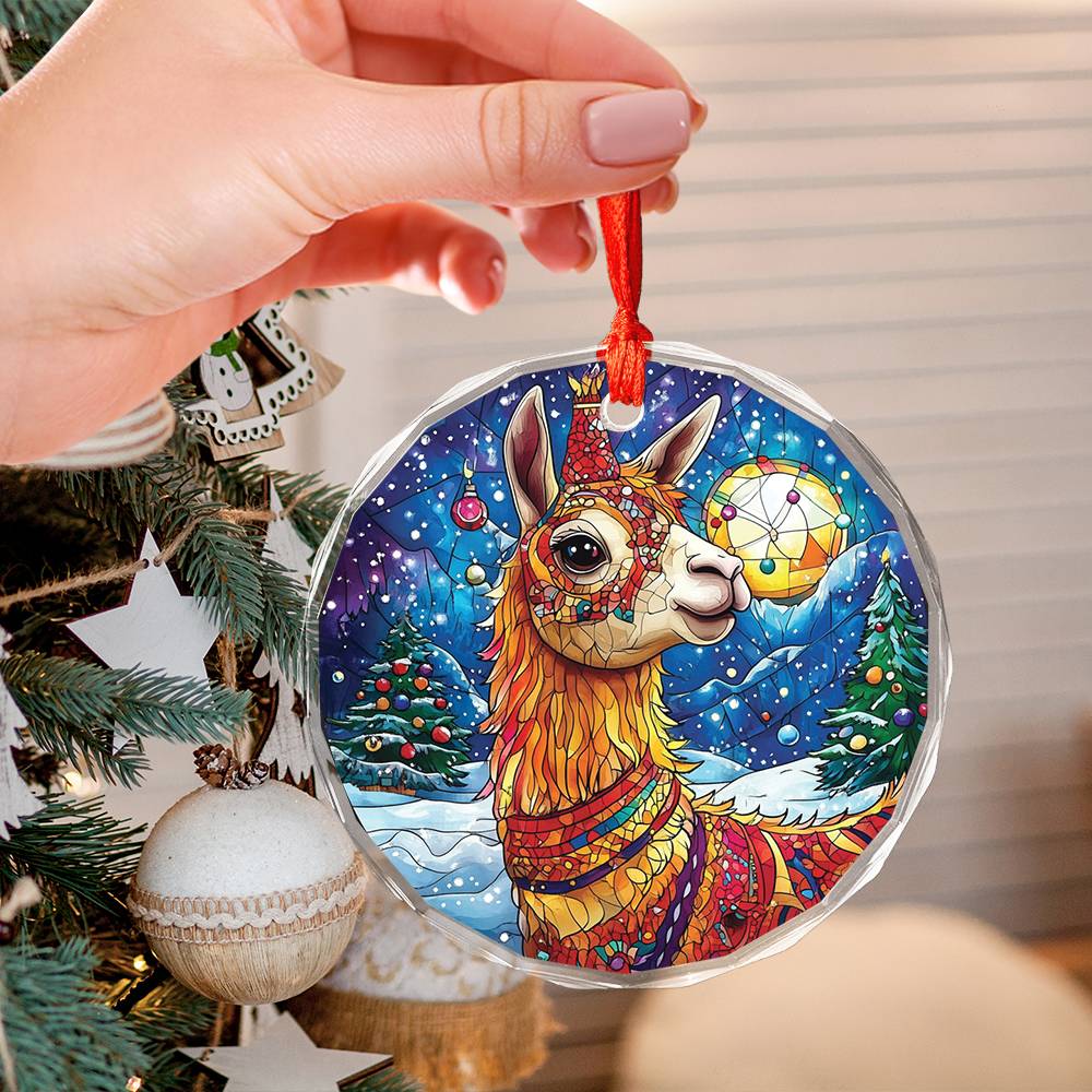 Beautiful Llama Christmas Night Design 4 Glass Ornament