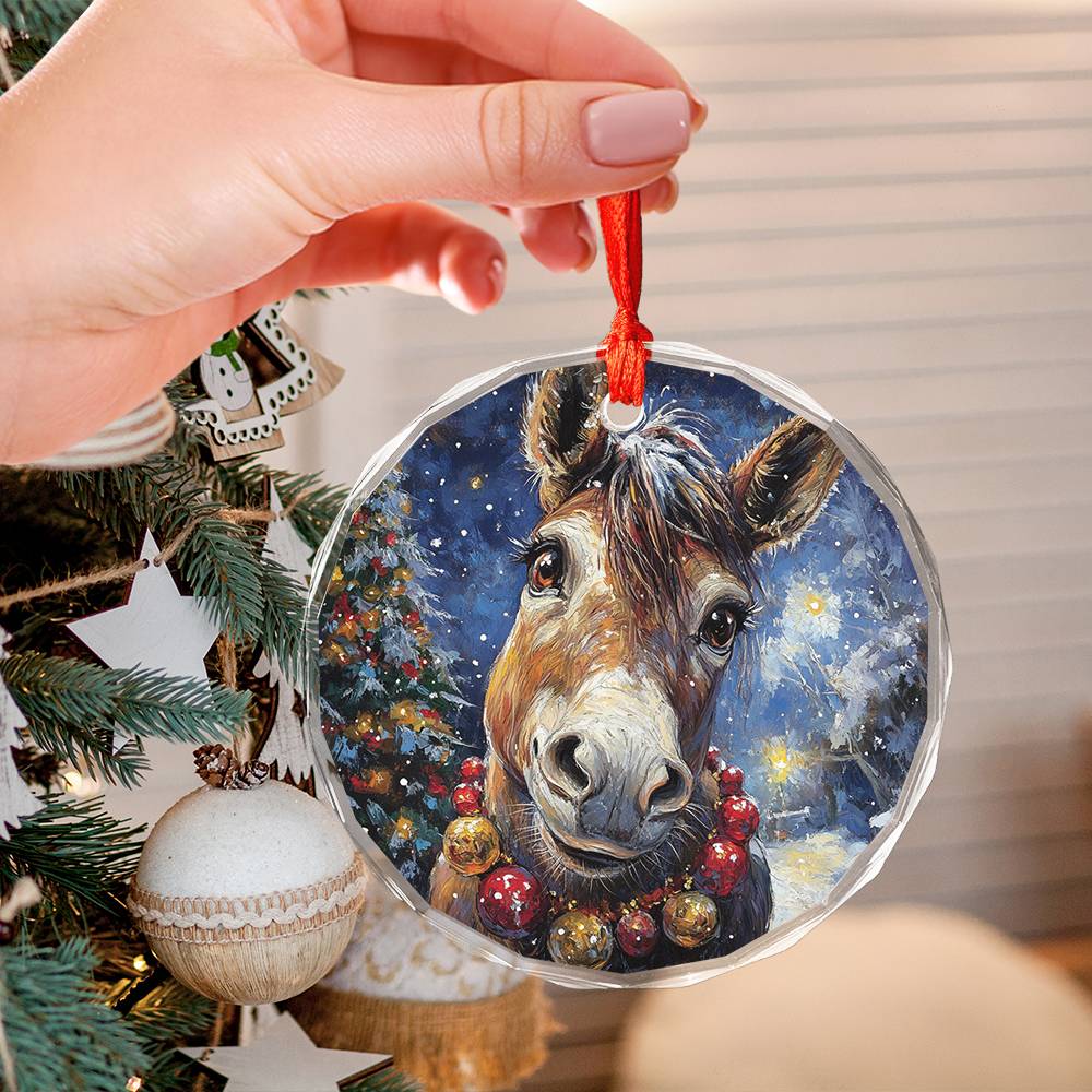 Beautiful Angus Mule Christmas Night Design 1 Glass Ornament