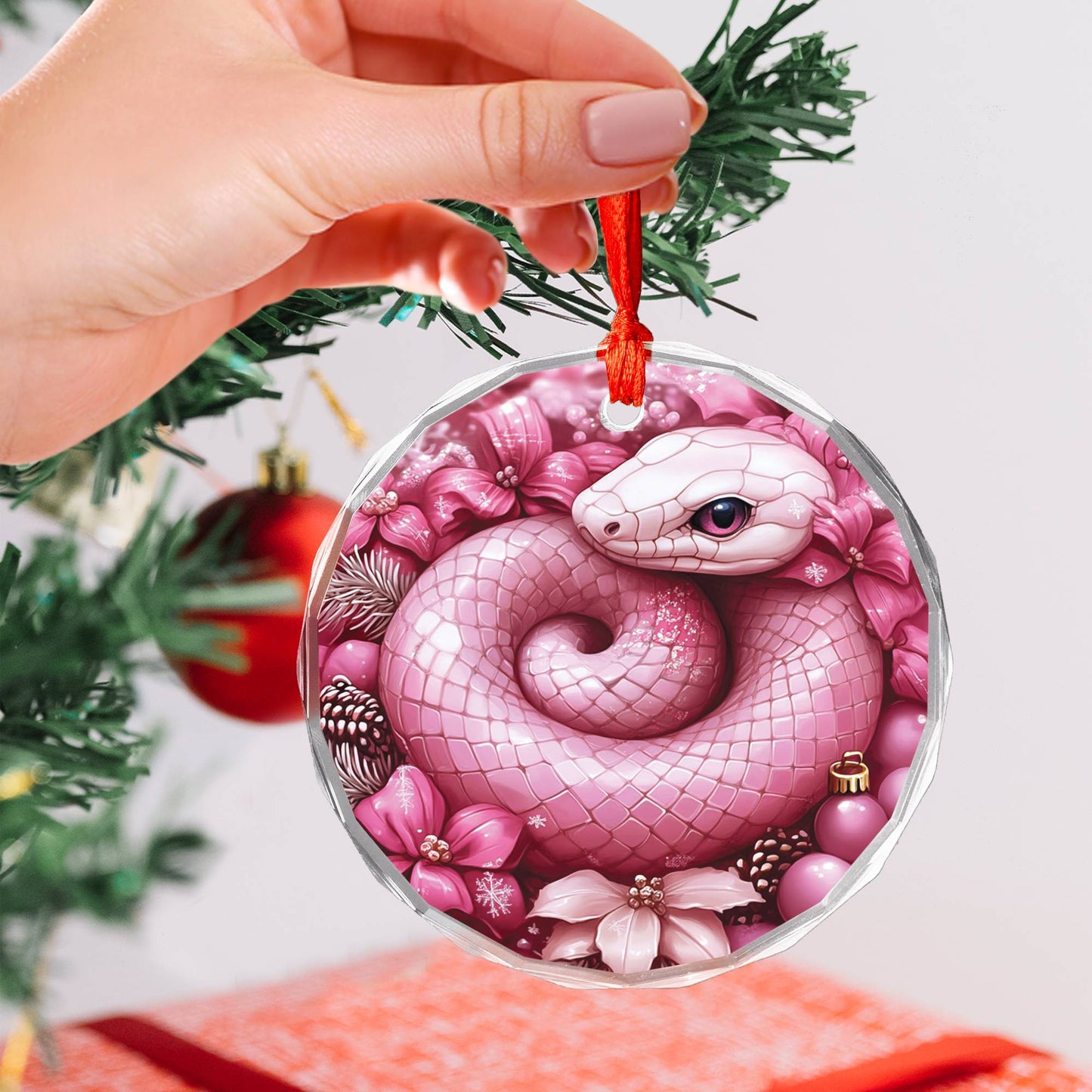 Snake Pink Christmas Design 4 Glass Ornament