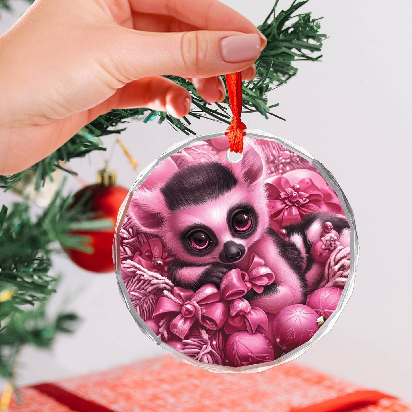 Lemur Pink Christmas Design 1 Glass Ornament
