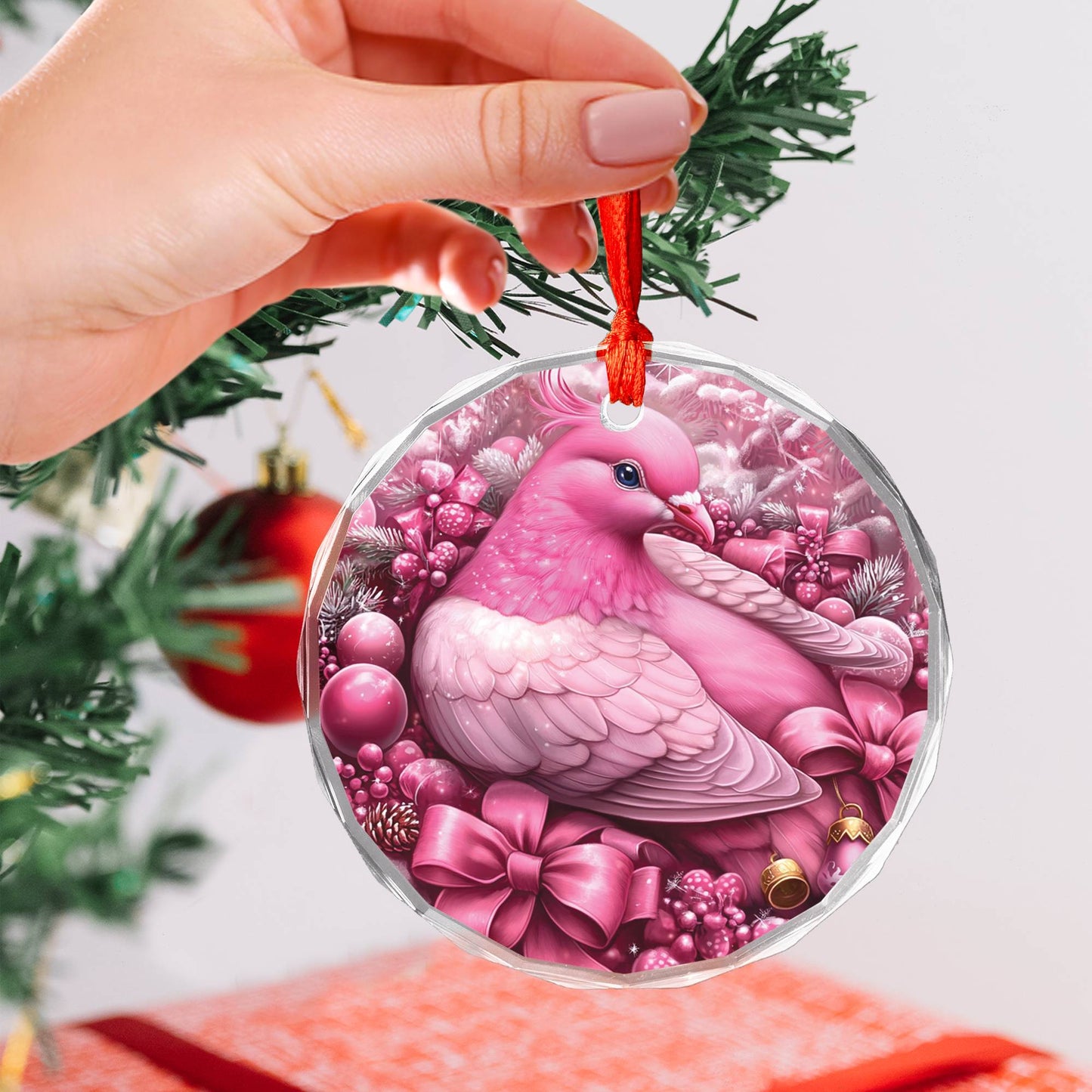 Pigeon Pink Christmas Design 3 Glass Ornament