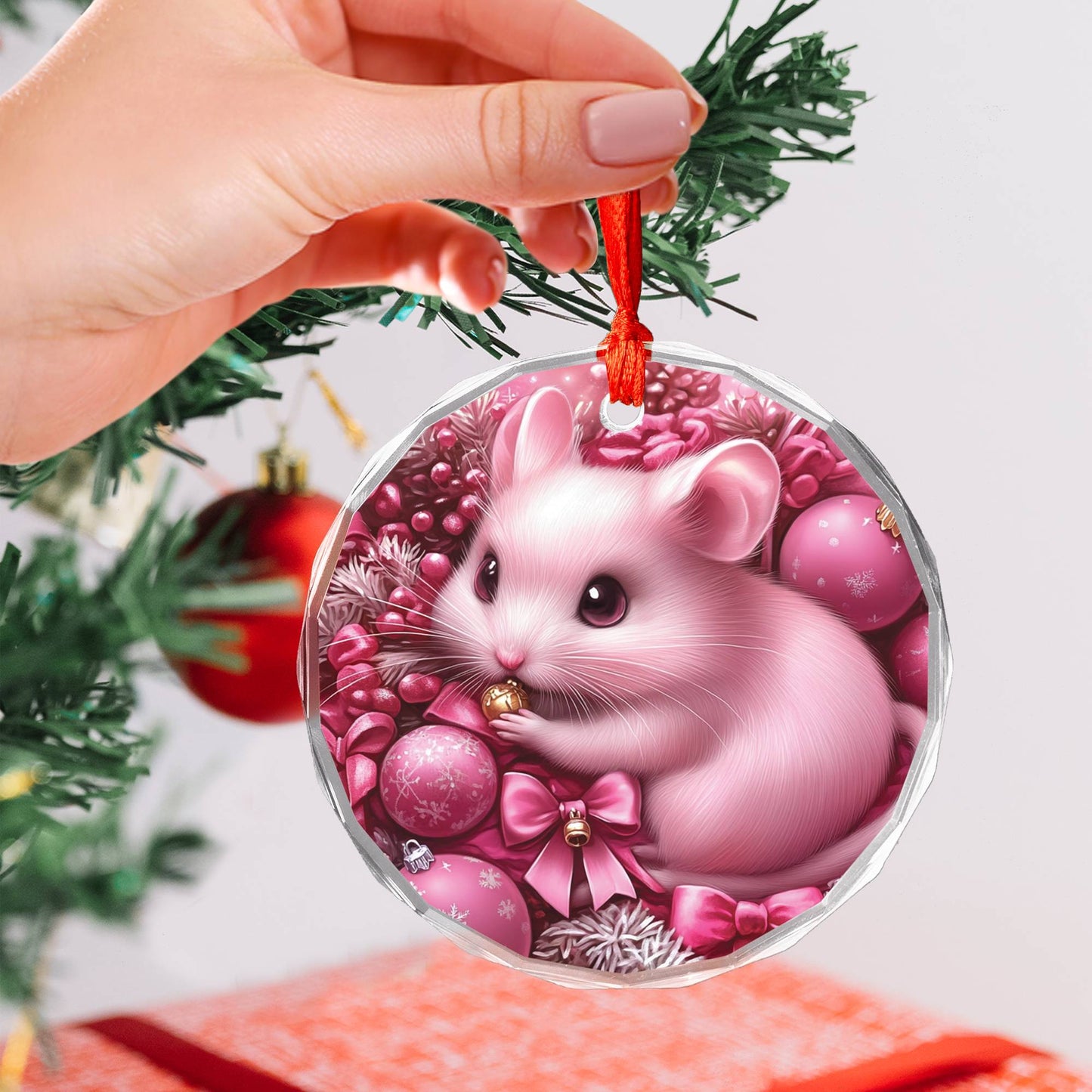 Hamster Pink Christmas Design 3 Glass Ornament