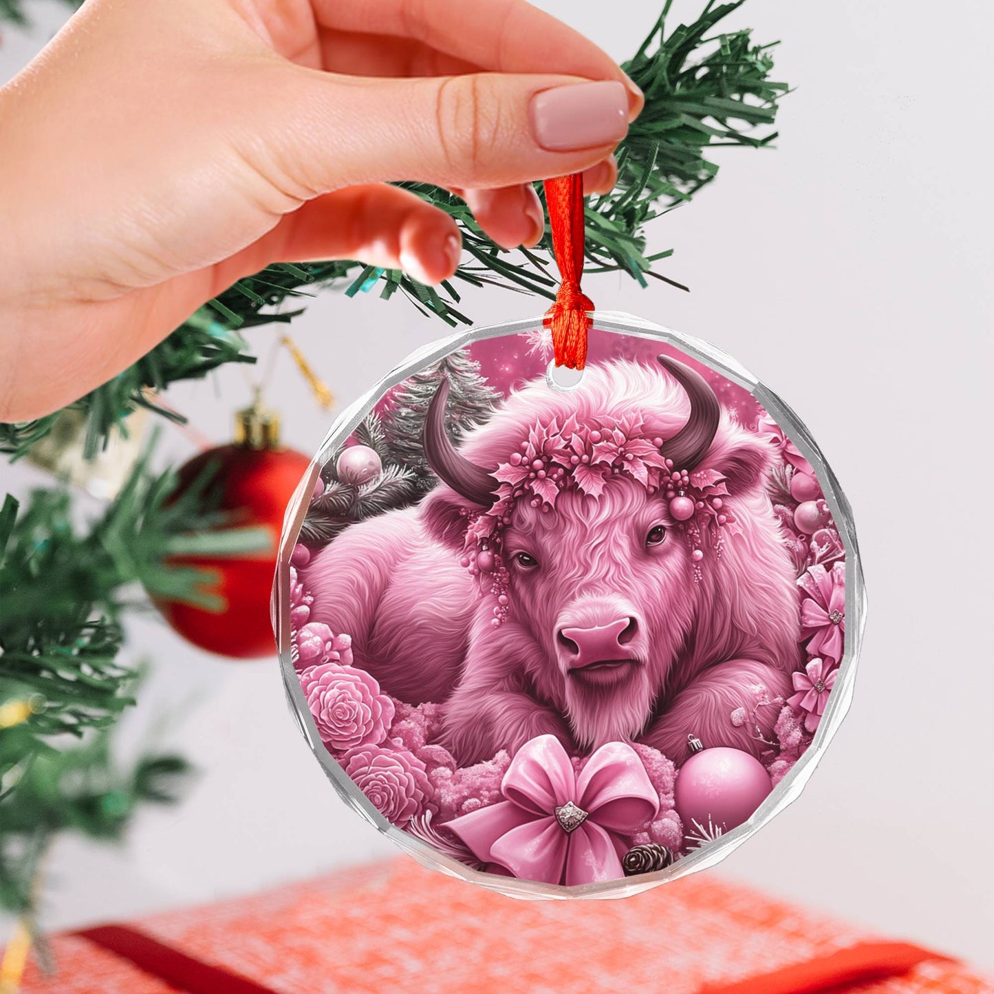 Bison Pink Christmas Design 3 Glass Ornament