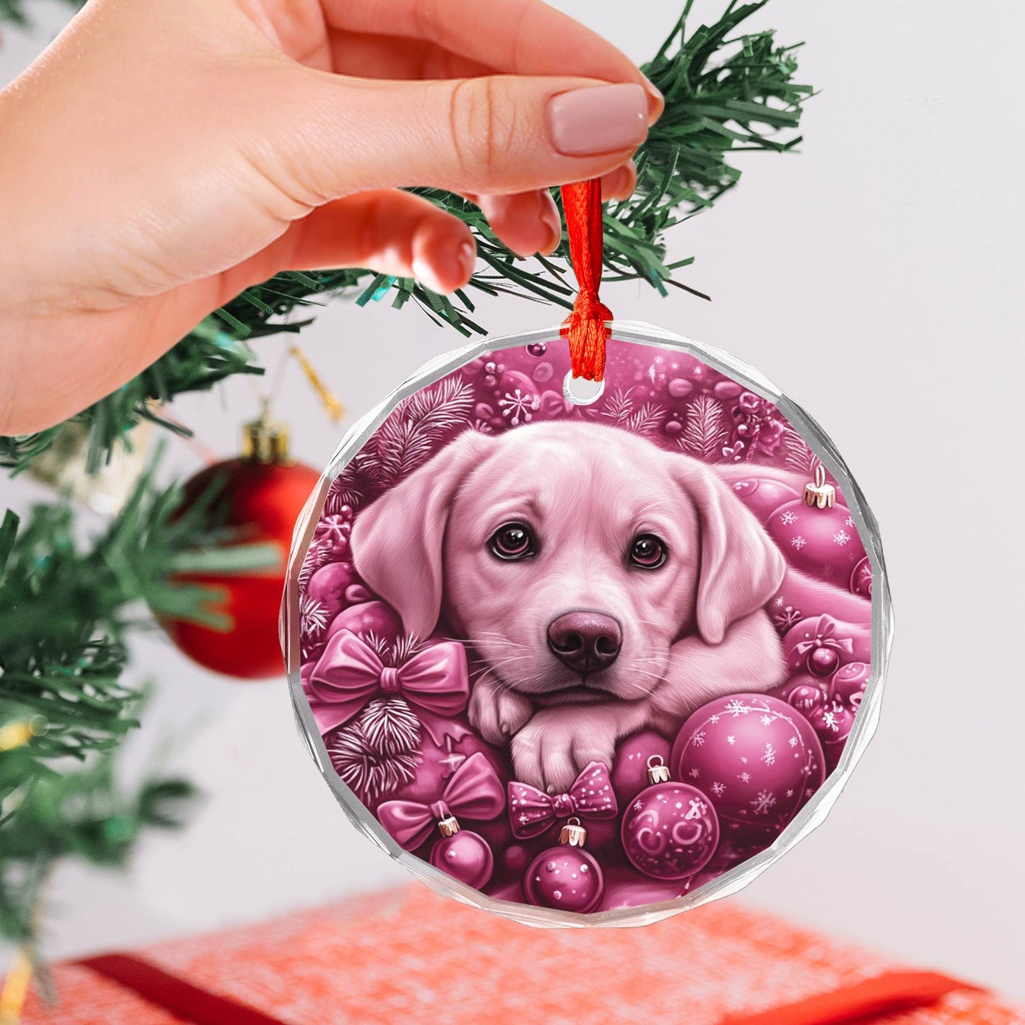 Labrador Retriever Dog Pink Christmas Design 3 Glass Ornament